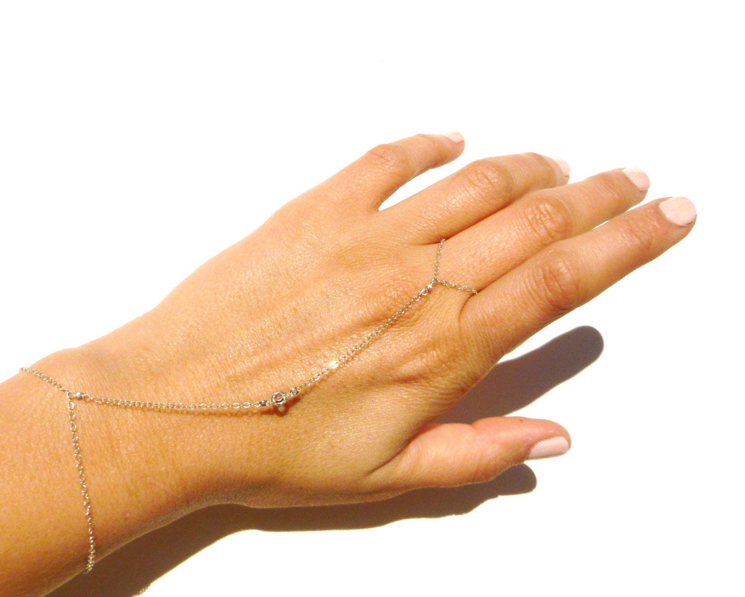 Slave Bracelet, Sterling Silver Chain, Clear Swarovski Crystal Charm, Delicate Bracelet Ring, Wedding Jewelry, Bridesmaids, Hand Chain