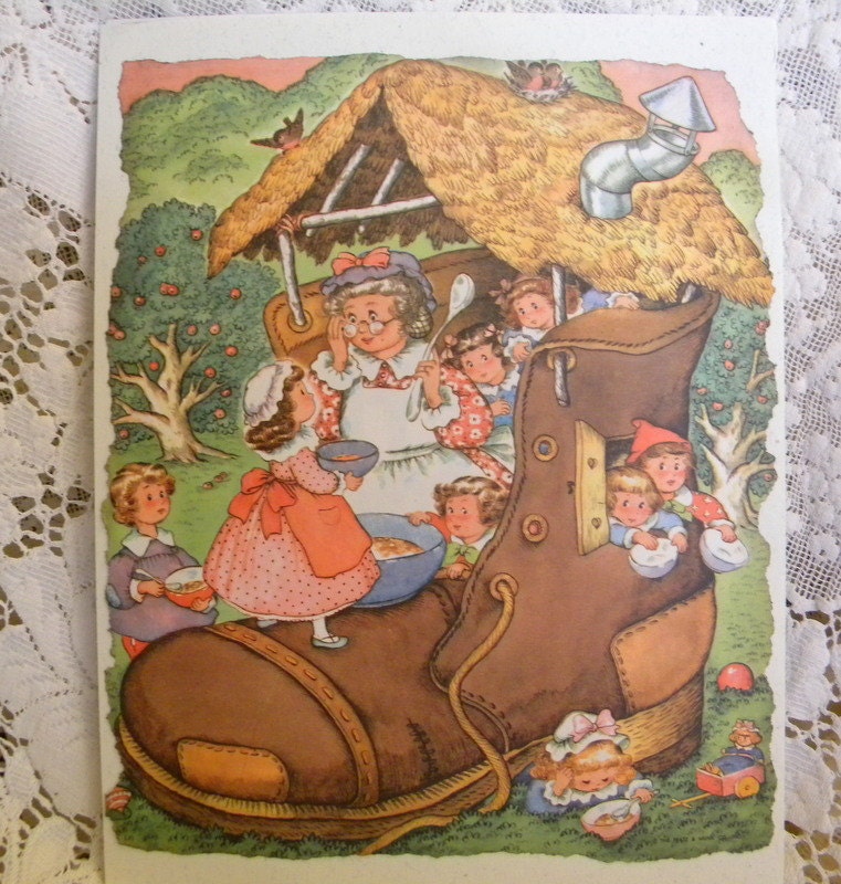 Old Woman who lived in a shoe  vintage nursery rhyme print of Margot Austin work Parent's Magazine book