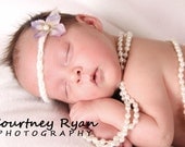 Purple flower tie back headband with pearl center photography prop