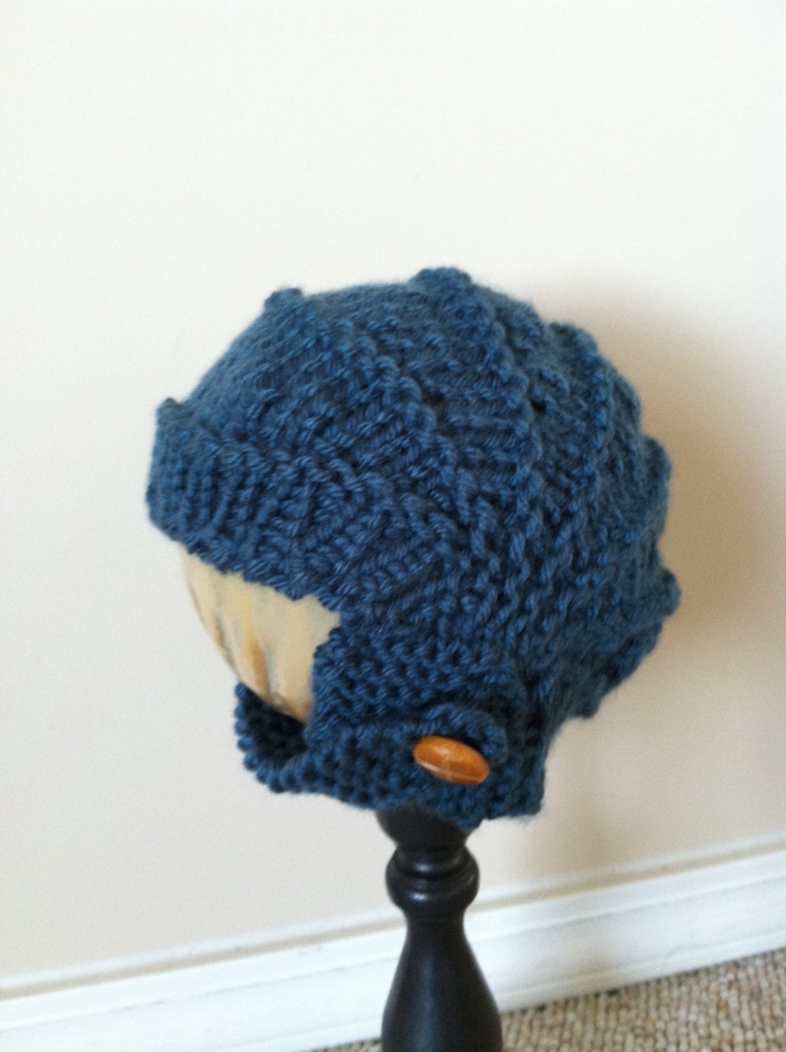Knit chin strap helmet cap or hat, photography prop