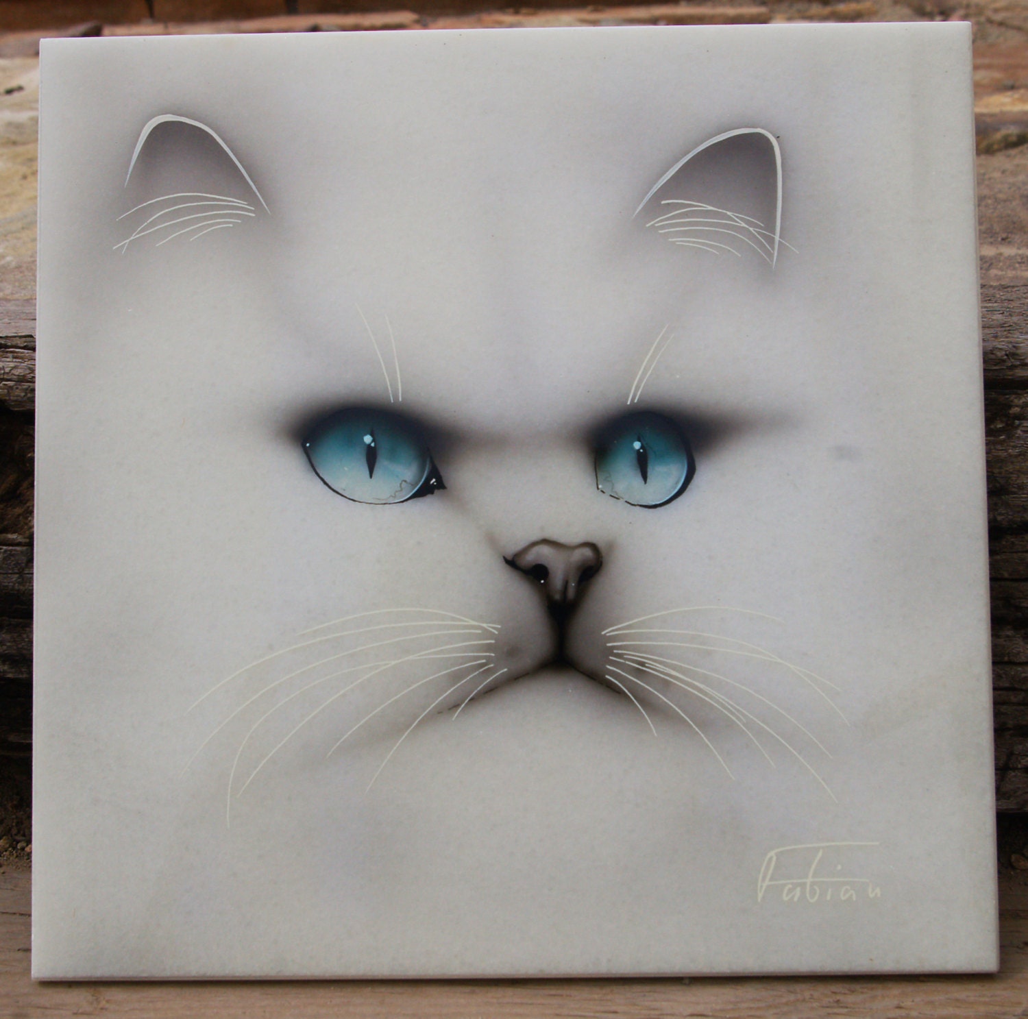 Original Cat Portrait on 12" x 12" Spanish Marble Tile - Hand Etched, Airbrushed, Painted, Varnished