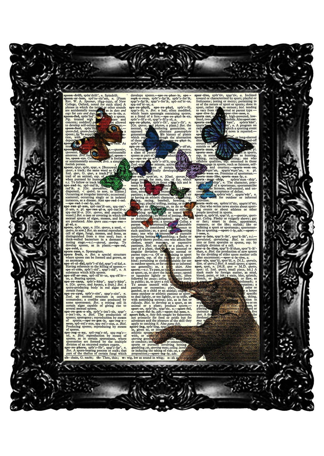 Retro Elephant & Butterfly 2 Upcycled Book Dictionary Print  Vintage Book Print Vintage Book Page Elephant Poster  Buy 3 get 4th free