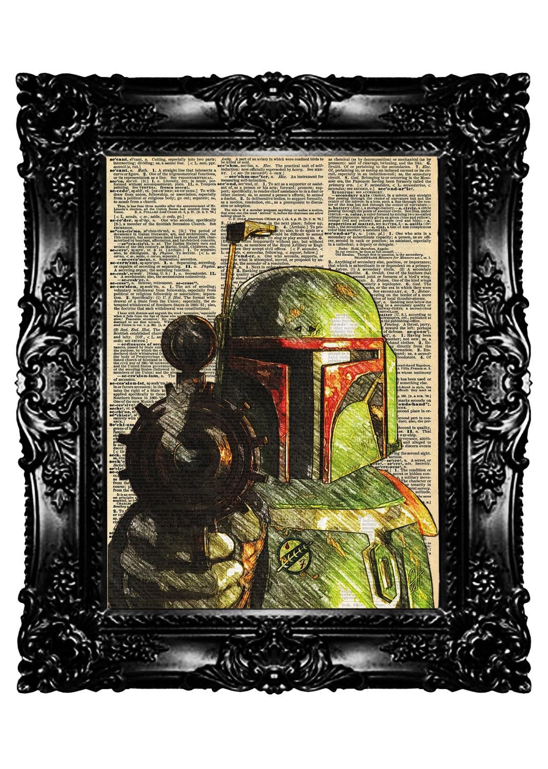 Boba Fett from Starwars Dictionary Art Print Upcycled Book  Prints Vintage Book Print Vintage Book Page Recycled Buy 3 get 4th free