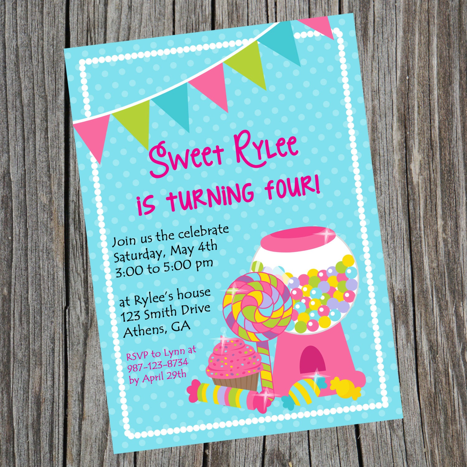 Printable Colorful Candy Land party invitation.  Sweet Treats Brithday Invitation.  Candy Party Birthday Invitation