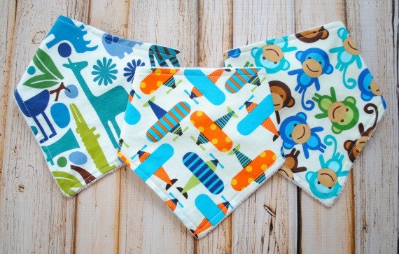 Baby Boy Bandana Bibs- Set of 3 -Airplanes, Monkey's and 2D Zoo- Baby gift set