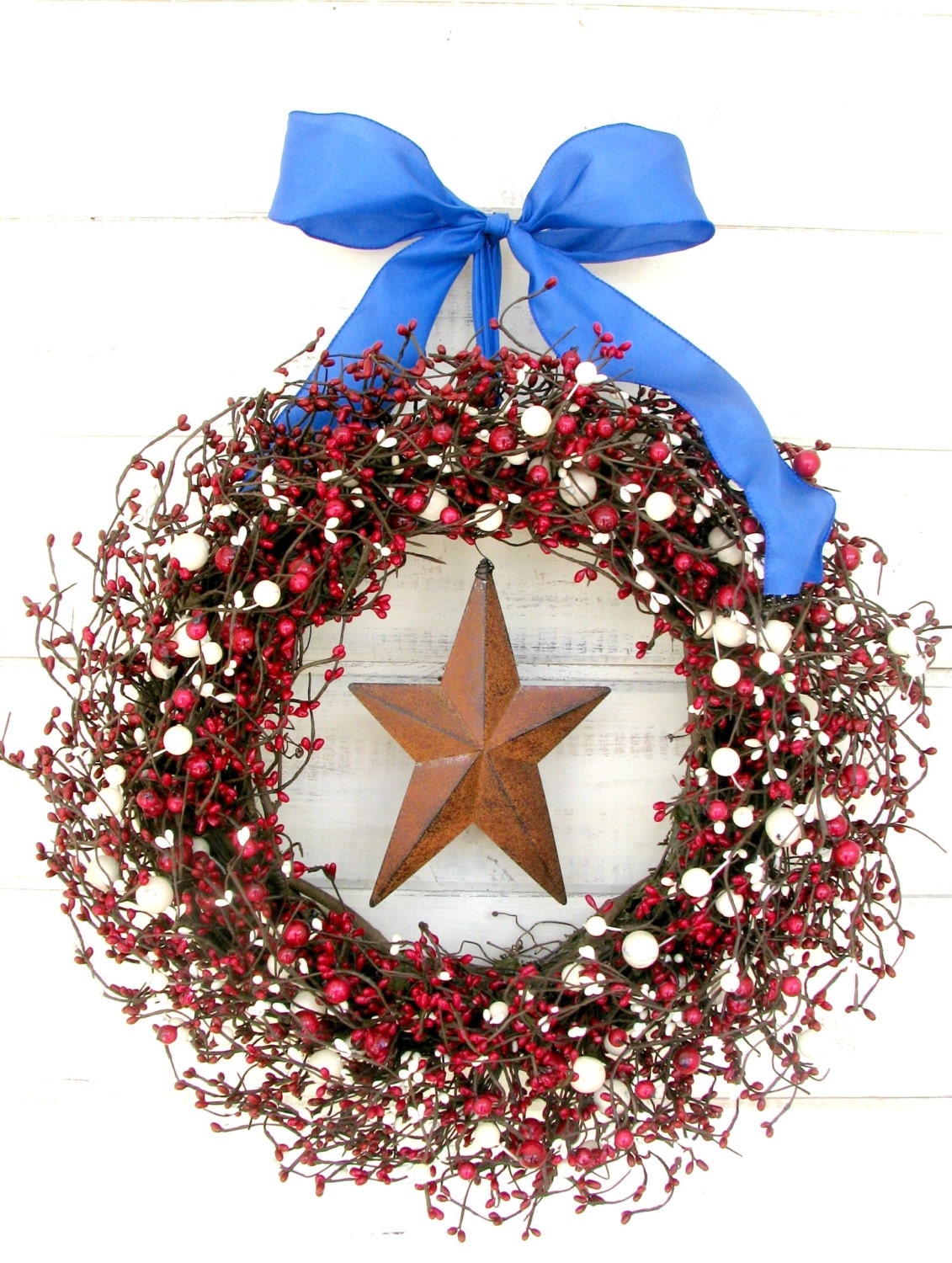 RED WHITE & BLUE Door Wreath-Summer Door Decor-Patriotic Wreath-Holiday Wreath-Scented Cinnamon Sticks-Custom Choose Scent and Ribbon