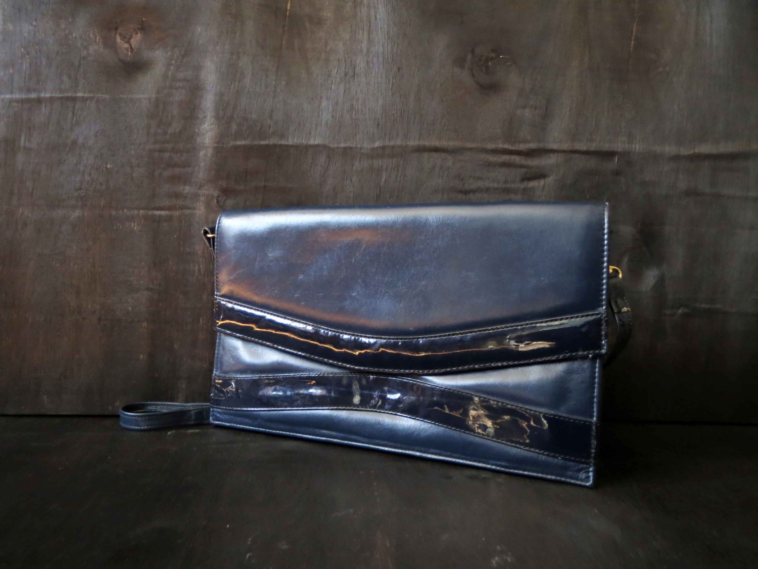 Vintage 80s Navy Patent Leather Trim Handbag Clutch, Detachable Strap, Medium