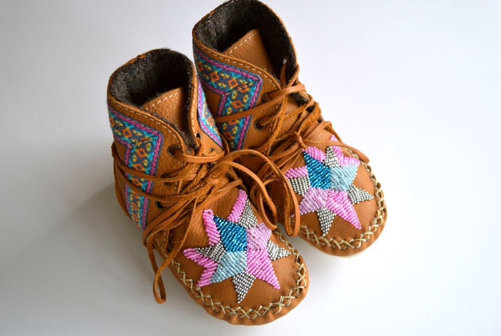 Baby and Toddler handmade leather beaded wool-lined moccasin winter boots with wool insole and crepe rubber sole