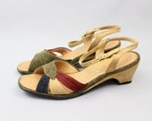 Vintage Sandals Suede Ankle Strap Wedge Heel Summer Shoes Size 9 Women's