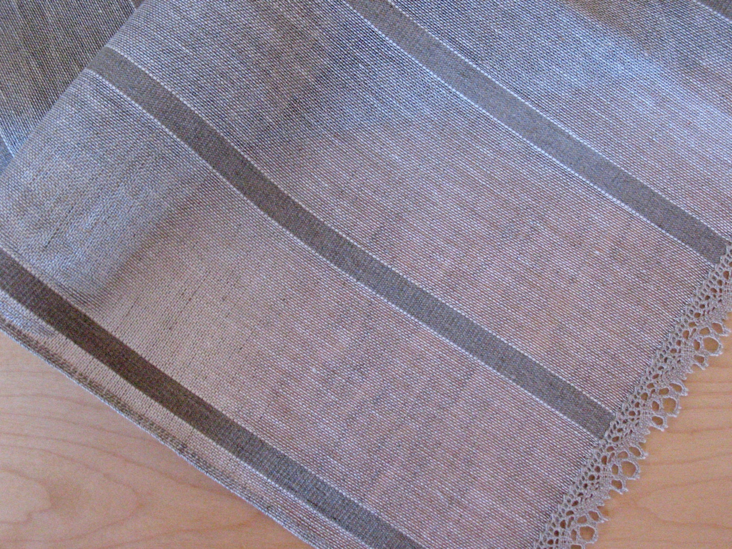 Linen Table Runner Tablecloth Natural White Gray Striped Linen Lace 61" x 19.3"