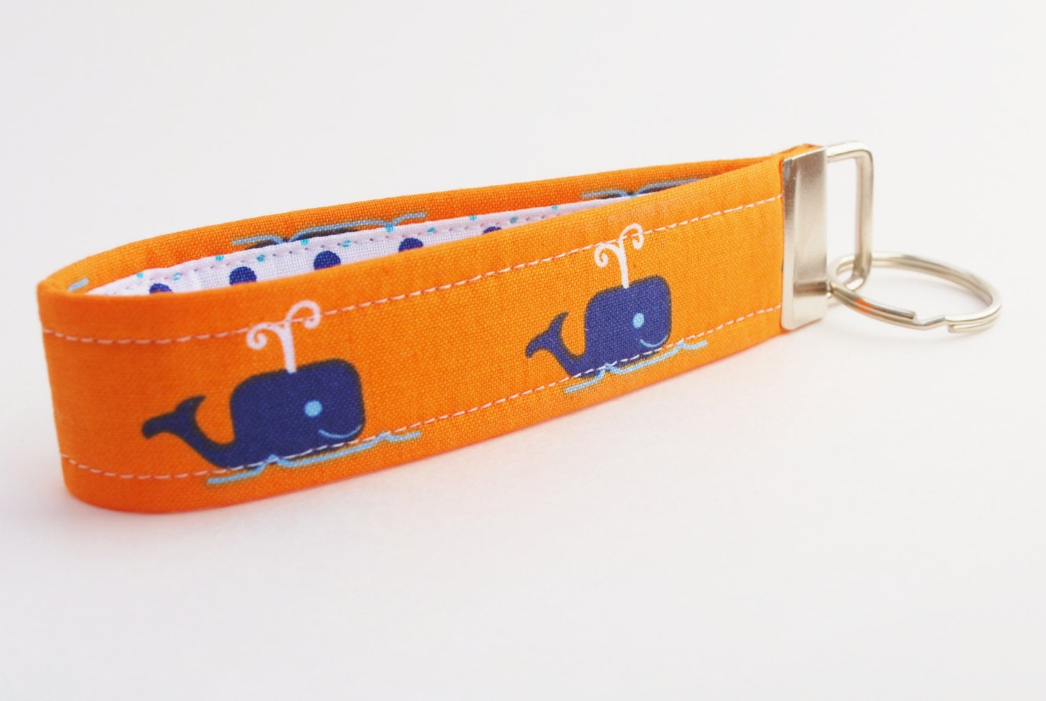 Whale Key Chain, Handmade Fabric Key Fob,  Nautical Keychain , Navy Blue and Orange