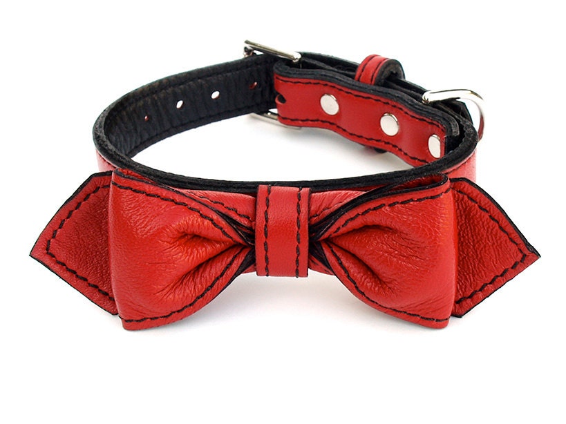 Martini Bowtie Dog Collar - Red Leather