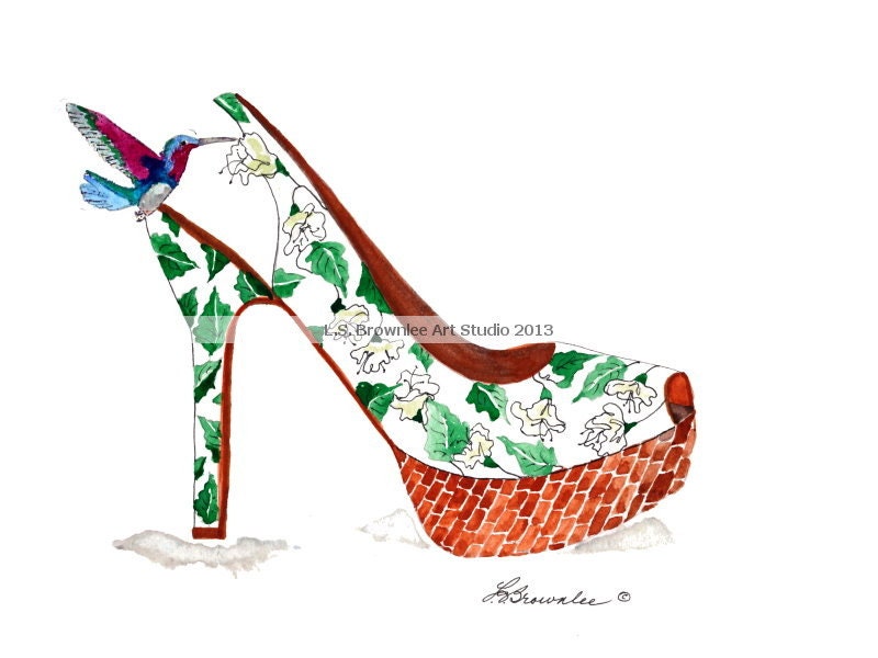 Shoe Print SHIPS FREE - Hummingbird Azalea  Flower Shoe - Enhanced with Watercolor Paint and Signed