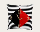 Thick Cotton Black-White striped Throw pillow case with a clock decoration, fits 18"x 18" insert,  Cushion case, Toss pillow case.