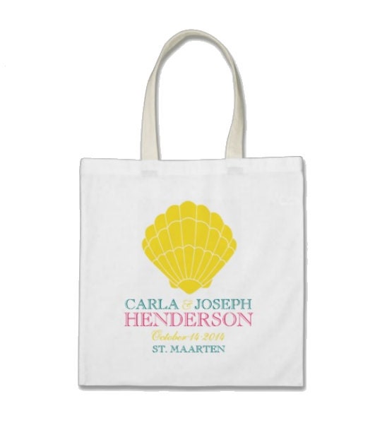 Beach Gift or Wedding Welcome Tote Bag - Personalized Classic Sunshine Yellow Seashell Tote Bag in Sunshine Yellow/Tide Teal/Hot Pink