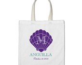 Bridesmaid Beach Gift or Wedding Welcome Tote Bag - Monogram Seashell Tote Bag in Paradise Purple/Tide Teal