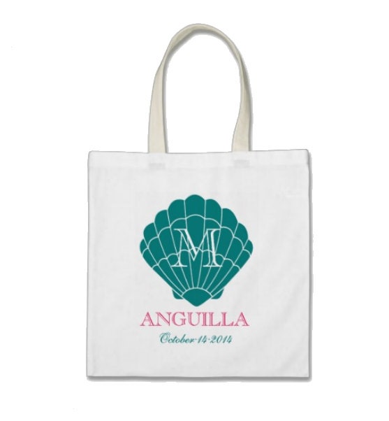 Bridesmaid Beach Gift or Wedding Welcome Tote Bag - Monogram Seashell Tote Bag in Tide Teal/Hot Pink