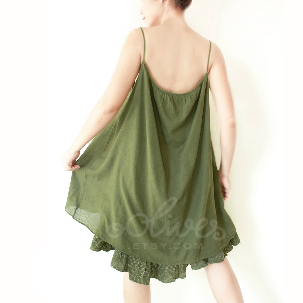 Summer Layered Cotton Dress in Dark Green