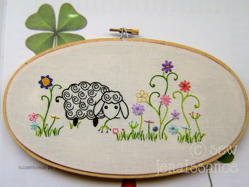 Embroidery Pattern PDF Spiral Sheep and Flowers Pattern