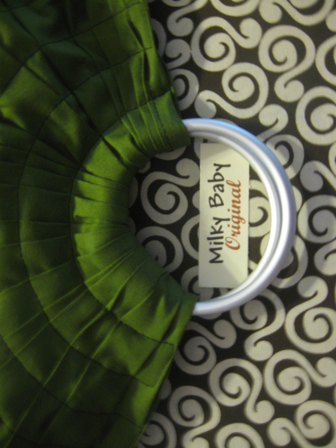 SALE Baby ring sling infant to toddler carrier wrap green  base brown scroll tail  light breathable  -one free pocket