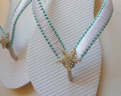 Beach wedding flip flops, bridal flip flops, Tiffany Blue flip flops starfish flip flops, trending wedding, Macrame flip flops