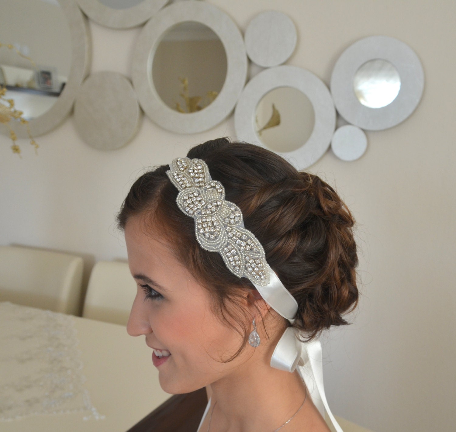 Art deco crystal rhinestone beaded bridal headband with ivory double face ribbon bridal hairband wedding accessories bridal head piece