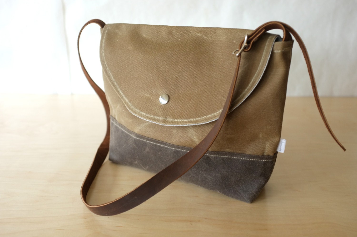 Small Waxed Canvas Shoulder Bag // Adjustable Leather Strap // 2-Toned