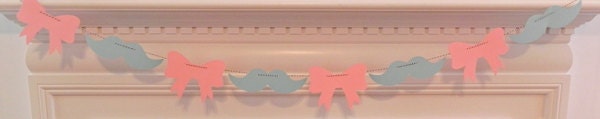 Party Banner: Blue Mustache and Pink Bow Garland - gender reveal baby shower wedding engagement - die cut mustaches bows