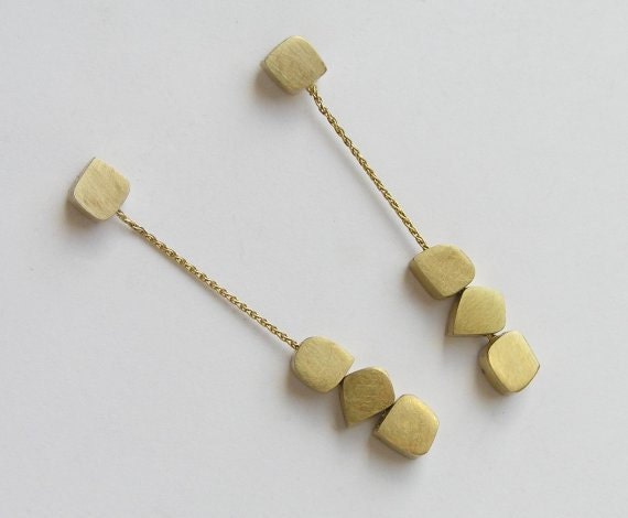 Gold Dangle Earrings - Long Earrings - Solid Gold - Freeform Cubes Earrings - 14k Gold