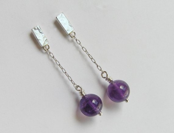 Dangle Amethyst Earrings - Short Dangle Earrings - Sterling Silver Chain Earrings - Dangle Post Earrings