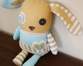 BOObeloobie Bungie the Bunny in Duck Egg Blue, Cream with vintage appearing crochet lace detail