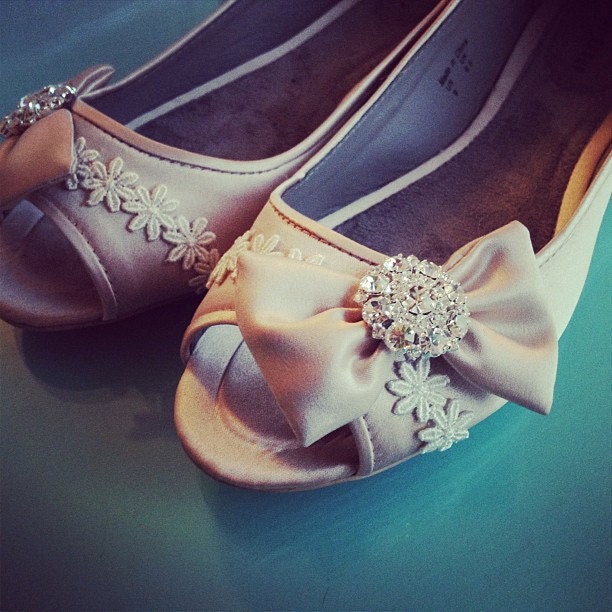 Chic Bows Bridal Open toe Ballet Flats Wedding Shoes - All Full Sizes - Pick your own shoe color and crystal color