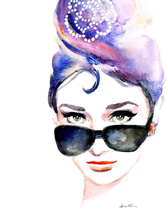 Audrey Hepburn's iconic  sunglasses - Print of Original watercolor 8.5x11