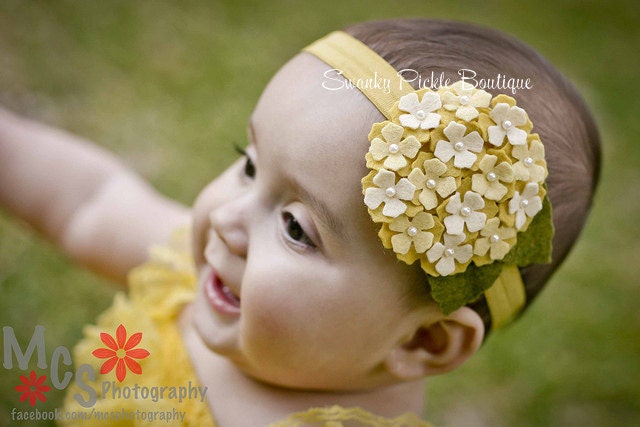 Canary Yellow Wool Felt Hydrangea Flower Headband - A Bit of Sunshine - Infant, Baby, Toddler, Girl, Photo Prop