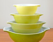 Set of 4 Vintage Verde Pyrex Nesting Cinderella Mixing Bowls, Bright Yellow, Greens, 1960s Kitchen, Midcentury
