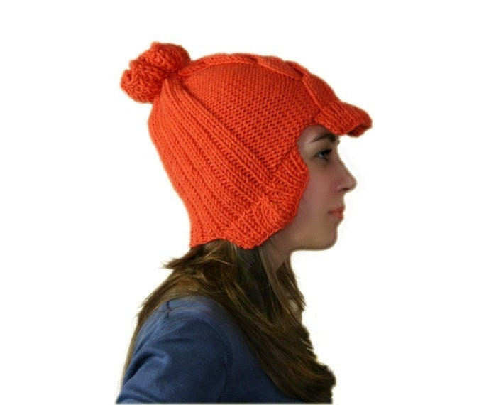 OOAK Persimmon Pom Pom Cable Knit Hat  - Slouchy Beanie - Chunky Beret - Fall Winter Fashion - Women Teens Accessories