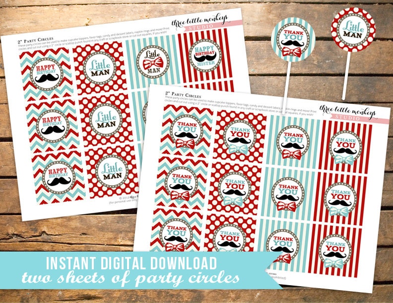 INSTANT DOWNLOAD Little Man Mustache 2" Party Circles and Favor Tags Il_170x135