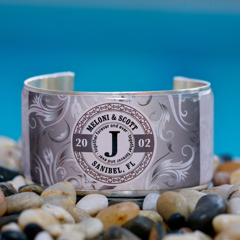 Rustic Cuff Monogram Cuff Bracelet - silver wedding design (names, location, monogram of last name) - M2-10