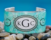 Rustic Cuff Monogram Cuff Bracelet - turquoise grunge with oval monogram modern font - M2-13