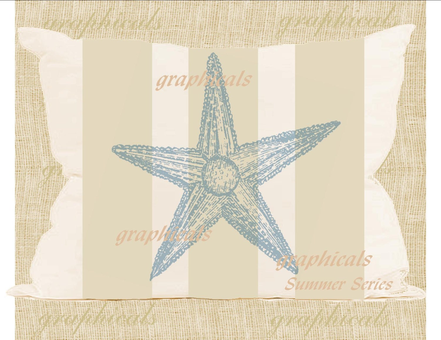 Digital download image Sky blue starfish on wicker tan stripes for iron on fabric transfer burlap pictures decoupage pillows totes No. 1850