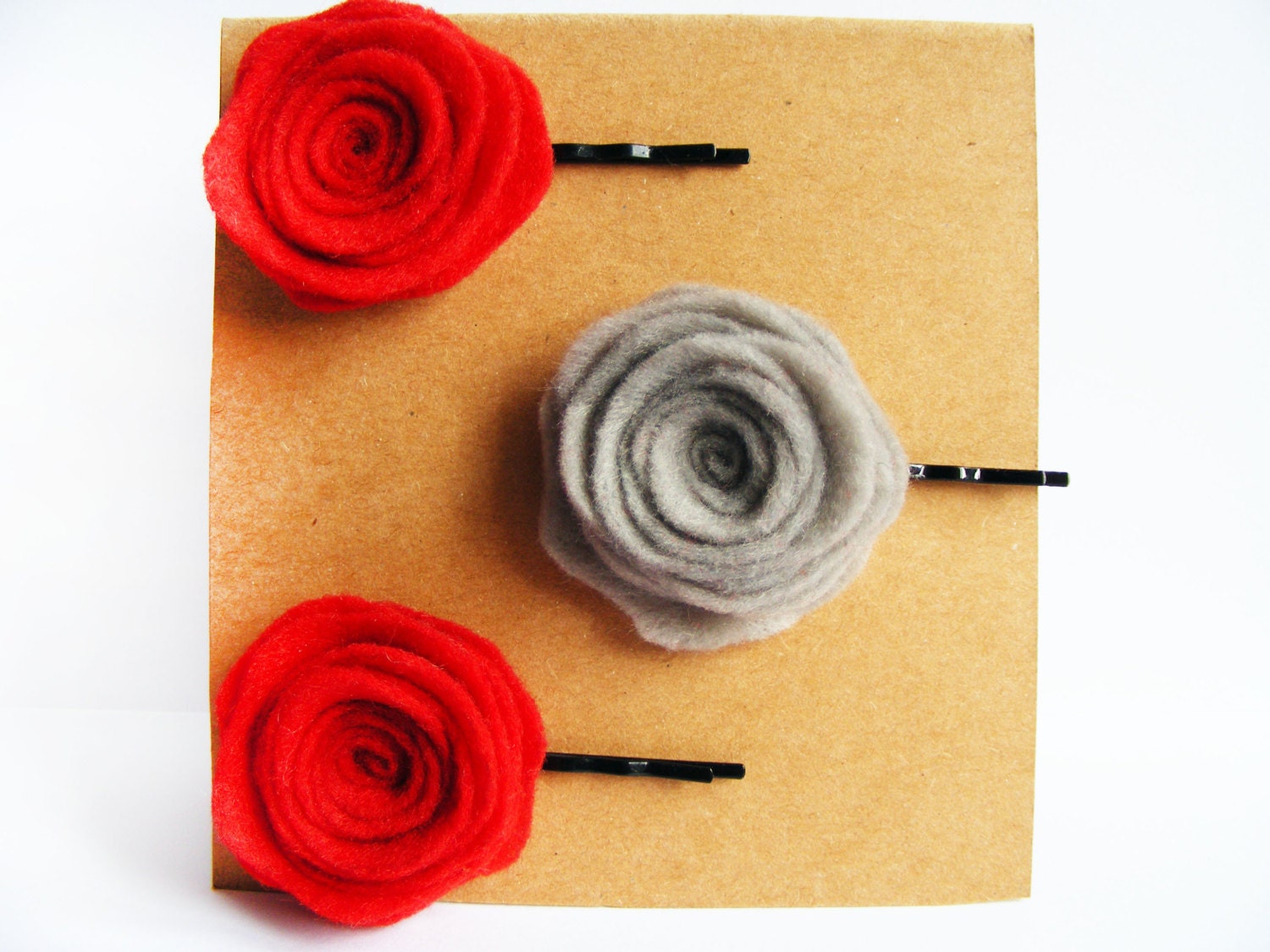 Set of Tree Felt Rose Hair Pins - Hair Slides - Flower Hair Grips - Red Rose Bobby Pins - Grey Felt Hair Rose - Hair Accessories
