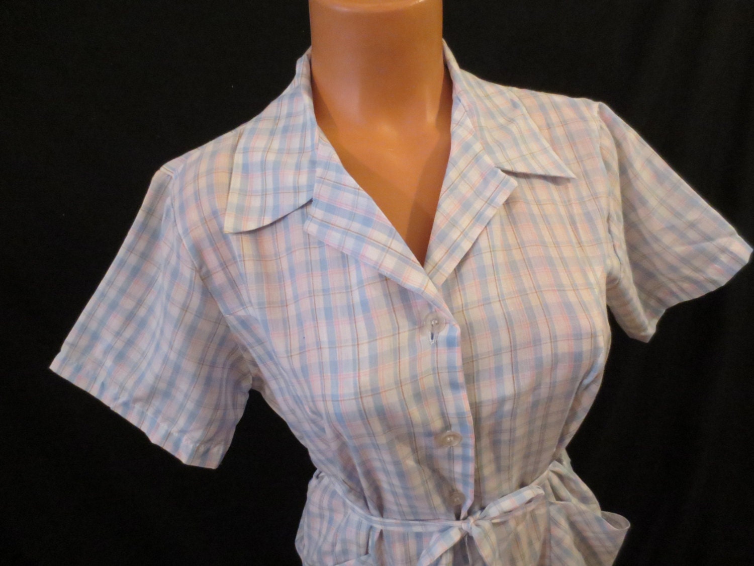 POLLY SEEDS vintage hipster house dress - blue plaid shirt dress 12 14 M L