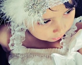 Baby Girl White Lace Headband with white feathers , Big clear rhinestones.Baby Flower Headbands