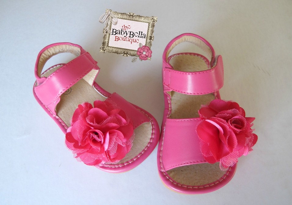 Toddler hot pink leather squeaky shoes, Girl sandals hot satin rosette ...