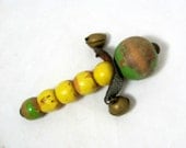 REDUCED Antique Baby's Rattle, Edwardian Treen Chippy Green & Yellow Painted Wooden Toy Baby's Rattle with Leather Strap, Bells 1920s