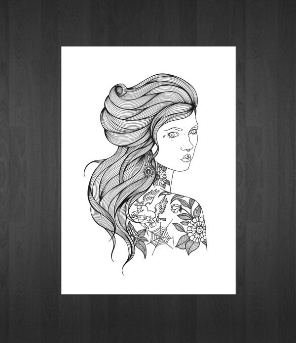 Born to die - A4 Printed illustration, tattoo, retro, ink, gems, girl, diamonds, lana del ray