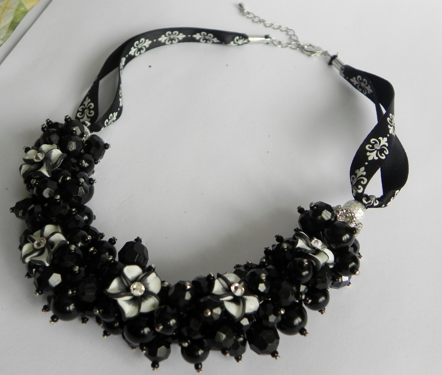 Black and White Ribbon Flower Beaded Necklace With Earrings -Rhinestone Flowers, Cluster Necklace, Handmade, Bridal, Wedding Jewelry, Custom