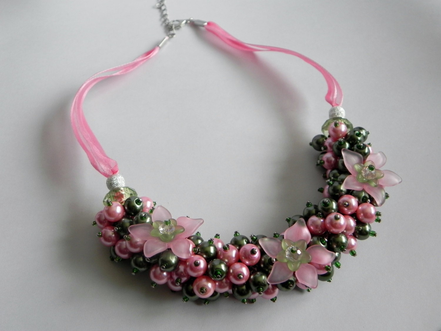 Green and Pink Flower Ribbon Beaded Necklace With Earrings - Cluster Necklace, Handmade, Bridal, Bridesmaid Necklace, Pearl Jewelry