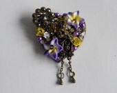 Vintage Inspired Purple and Yellow Rhinestone Brooch - Flowers, Butterfly and Clock- Handmade, Pin, Metal Brooch, Flower Brooch, Accessories