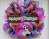 Turquoise Striped Beach House Summer Mesh Wreath
